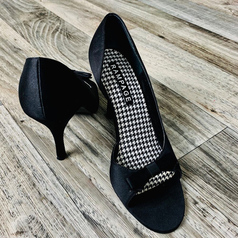 Rampage Jackie O. Black Satin Open Toe Heels